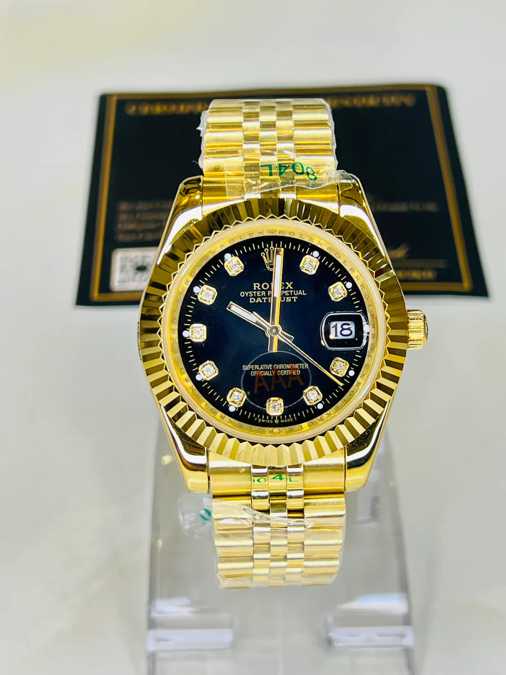 Jubilee Date Just Gold Fluted Bezel Black Dial Quartz Watch