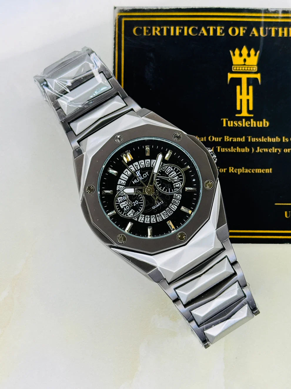 Two Tone Prism Chain Strapped Hologram Dial Hublot Watch