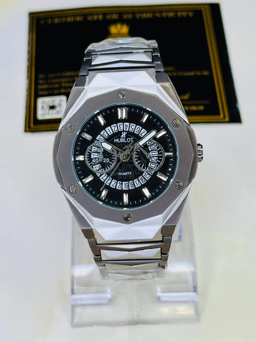 Two Tone Prism Chain Strapped Hologram Dial Hublot Watch