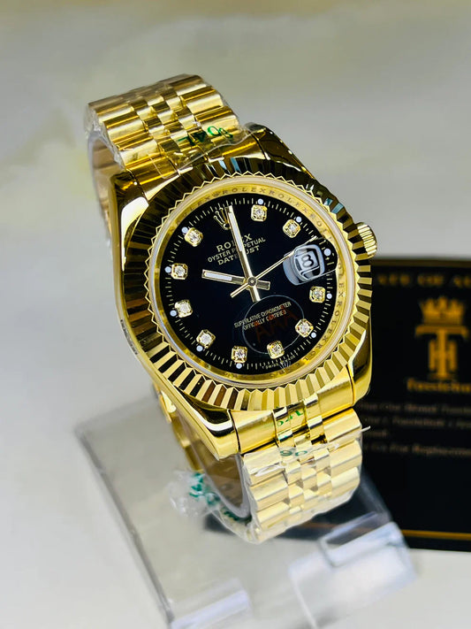 Jubilee Date Just Gold Fluted Bezel Black Dial Quartz Watch